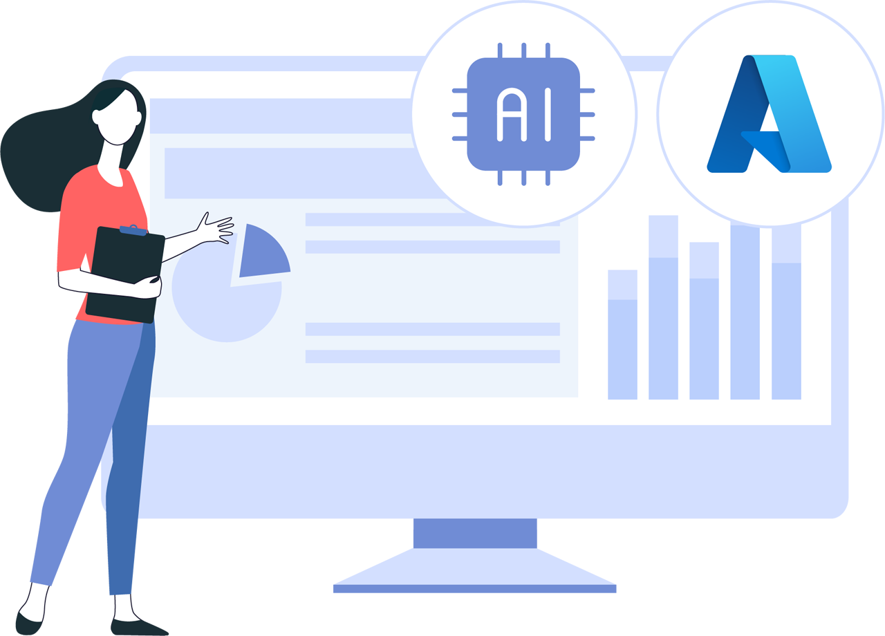 Pracownica analizuje modele ryzyka i dane z wykorzystaniem AI Builder oraz Microsoft Azure.