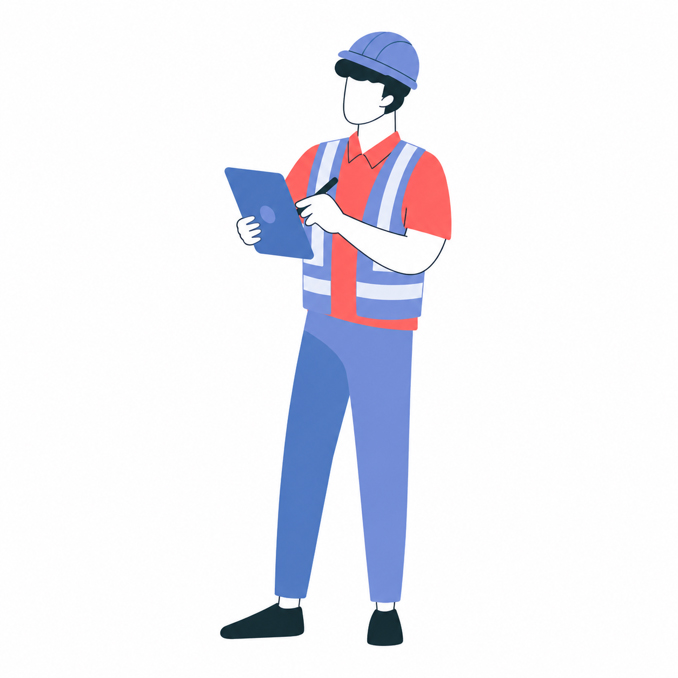 A worker in a hard hat and safety vest manages a digital Permit to Work procedure on a tablet.