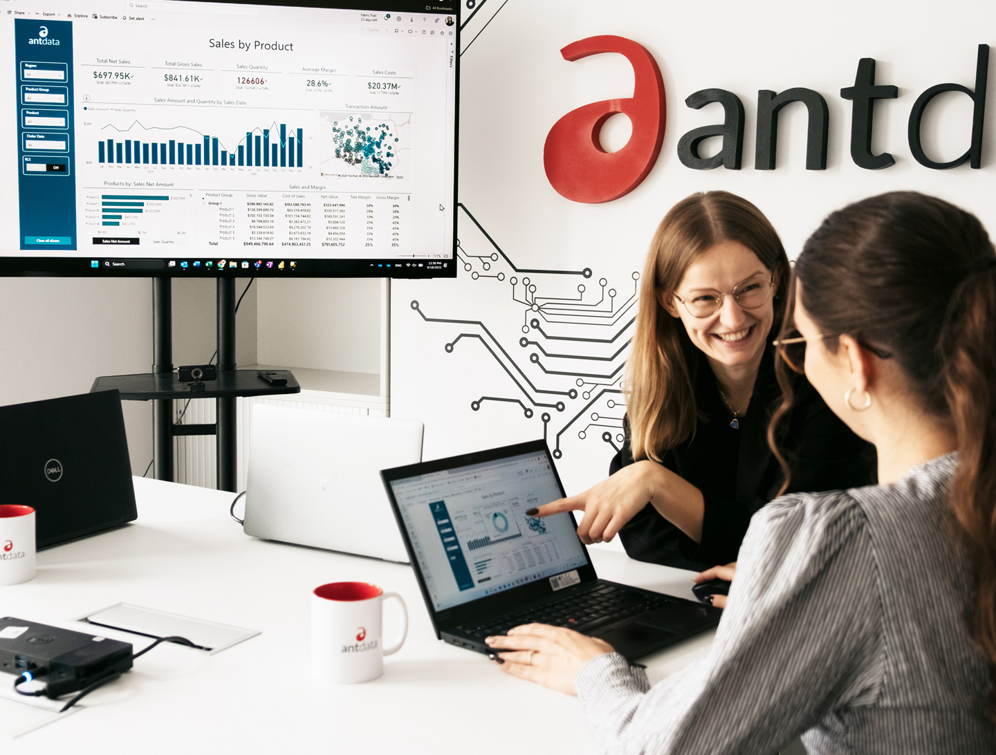 Antdata Power BI training session with participants analyzing a sales report